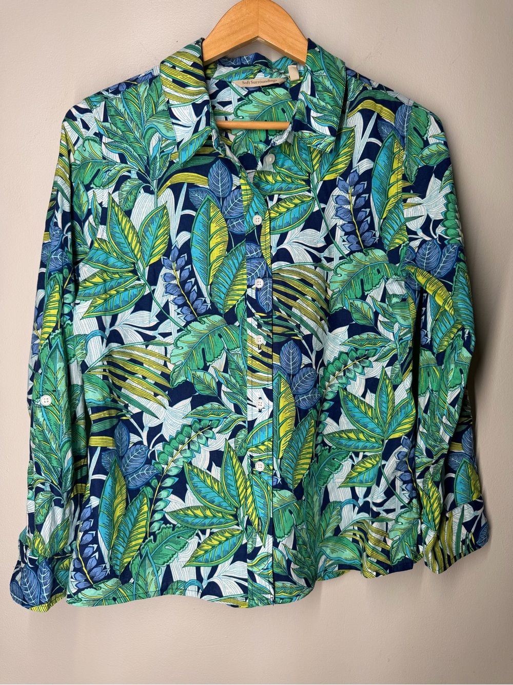 Soft Surroundings Tropical Botanical Jungle Print Linen Blouse Maximalist Boho